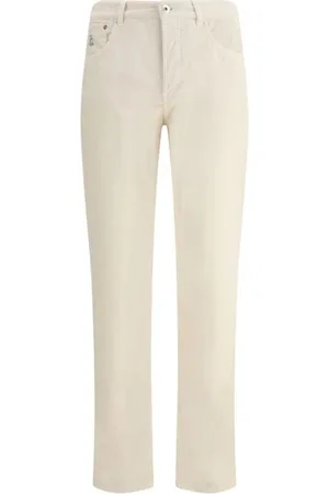 Brunello Cucinelli Broeken, Heren, Wit, XL, Corduroy Broek met Logoed Leren Patch