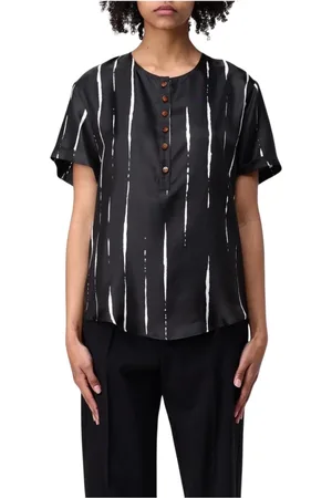 ALYSI Blouses & Shirts, Dames, Zwart, M, Zwarte Gestreepte Zijden Blouse