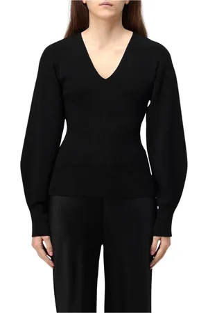 Alberta Ferretti Truien, Dames, Zwart, M, Wol, Zwarte Geribbelde V-hals Trui