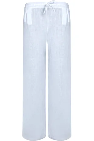 120% Lino Broeken, Dames, Wit, M, Linnen, Elegant Wide-Leg Linen Broeken