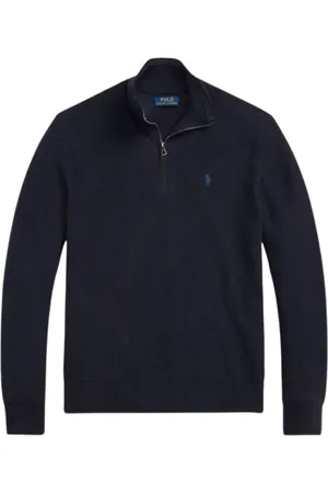 Ralph Lauren Truien, Heren, Blauw, M, Katoen, Geribbelde Half-Zip Trui - Marineblauw