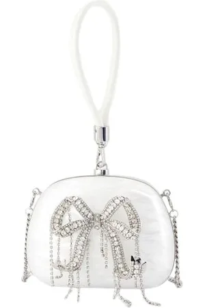 Self-Portrait Tassen, Dames, Wit, ONE Size, Polyester, Witte Parel Top Handle Clutch