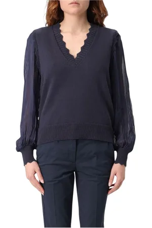 Twin-Set Truien, Dames, Blauw, S, Katoen, Parel Sheer Sleeve Gebreide Trui