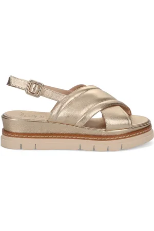 Luca grossi Schoenen, Dames, Geel, 38 EU, Leer, Gouden leren sandalen met gekruiste banden