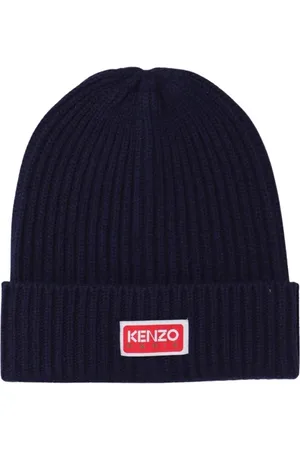 Kenzo Accessoires, Dames, Blauw, ONE Size, Wol, Blauwe Geribbelde Gebreide Muts met Logo