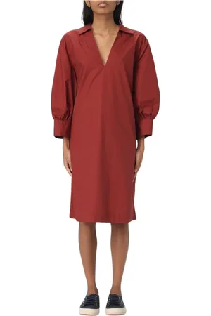 Woolrich Kleedjes, Dames, Bruin, L, Blauwe V-hals Midi Jurk