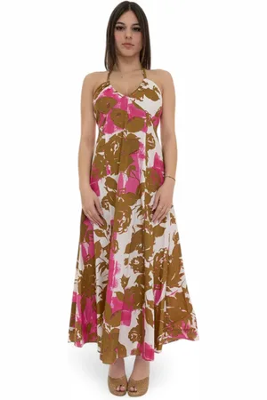 Liu Jo Kleedjes, Dames, Veelkleurig, L, Katoen, Bloemenprint V-hals Katoenen Avondjurk
