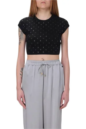Elisabetta Franchi Tops, Dames, Zwart, L, Polyester, Gele Rhinestone Crop Top