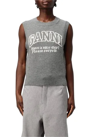 Ganni Truien, Dames, Grijs, L, Wol, Grijze Wollen Mouwloze Vest