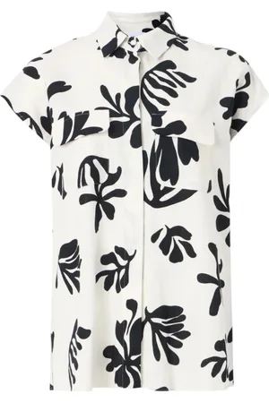 MARELLA Blouses & Shirts, Dames, Wit, S, Linnen, Witte Bloemen Korte Mouw Overhemd
