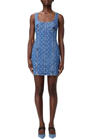 Marine Serre Kleedjes, Dames, Blauw, S, Blauwe Gestreepte Midi Jurk