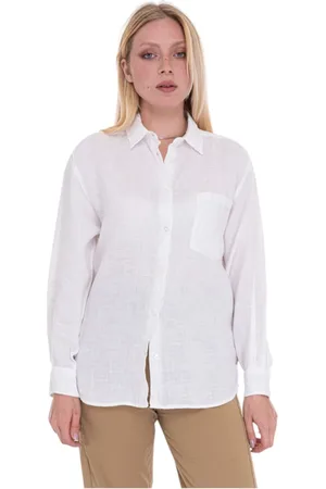 Woolrich Blouses & Shirts, Dames, Wit, S, Linnen, Oversized Linnen Blouse met Logotong