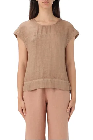 120% Lino Blouses & Shirts, Dames, Bruin, M, Linnen, Beige Linnen Top Korte Mouwen