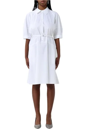 HUGO BOSS Kleedjes, Dames, Wit, XS, Katoen, Elegante jurk met ceintuur korte mouwen