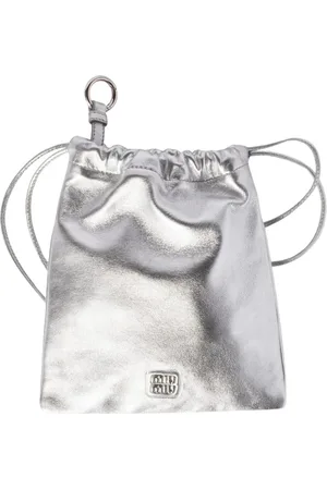 Miu Miu Tassen, Dames, Grijs, ONE Size, Leer, Zilveren Trekkoord Clutch Tas
