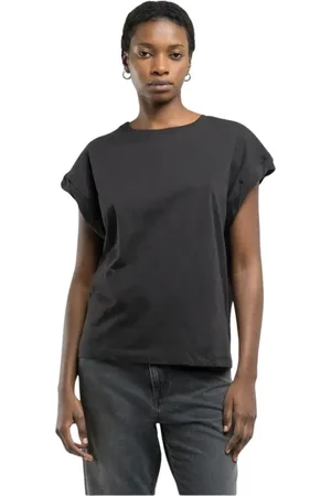 Replay Tops, Dames, Zwart, S, Katoen, Letterprint Ronde Hals Katoenen T-shirt