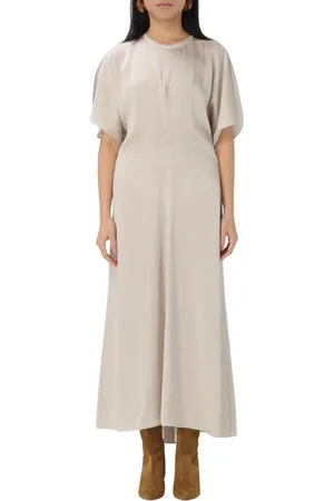 Isabel Marant Kleedjes, Dames, Wit, M, Leer, Elegante Korte Mouw Midi Jurk