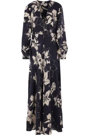 RAQUEL DINIZ Kleedjes, Dames, Blauw, L, Blauwe Bloemen Lange Zijden Jurk