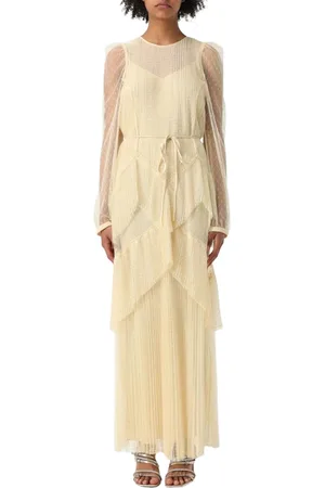 Twin-Set Kleedjes, Dames, Geel, M, Polyester, Roze Geplooide Maxi Jurk