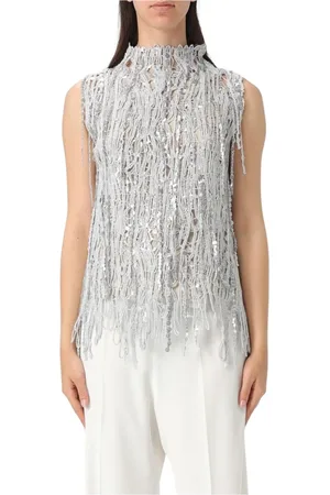 Brunello Cucinelli Tops, Dames, Grijs, S, Pailletten, Paillet Geborduurde Mouwloze Top