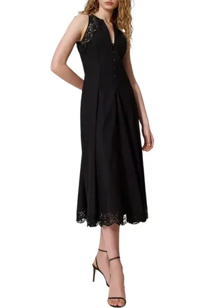 Twin-Set Kleedjes, Dames, Zwart, S, Lange Poplin Jurk met Kant Detail