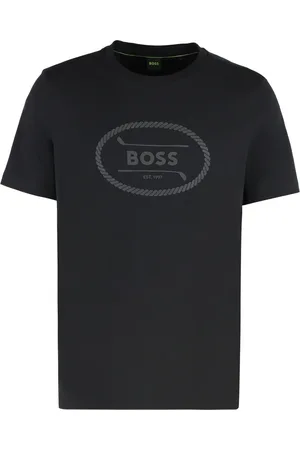 HUGO BOSS Tops, Heren, Zwart, L, Katoen, Geribbelde kraag katoenen ronde hals T-shirt