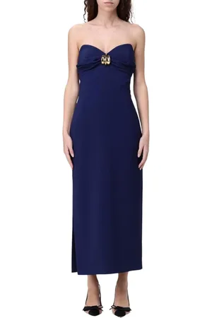 Elisabetta Franchi Kleedjes, Dames, Blauw, L, Zwarte Strapless Midi Jurk met Zijsplit