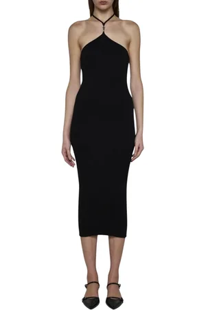 AMIRI Kleedjes, Dames, Zwart, L, Wol, Geribbelde Gebreide Halter Midi Jurk