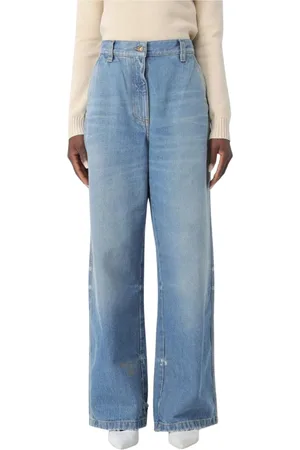 Palm Angels Jeans, Dames, Blauw, W26, Katoen, Versleten Wide Leg Jeans