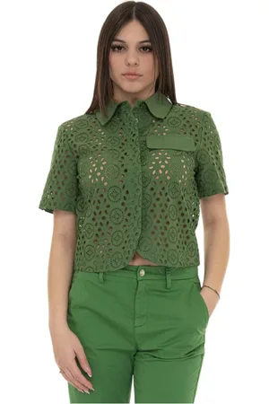 Liu Jo Blouses & Shirts, Dames, Groen, M, Katoen, Korte Katoenen Blouse met Knoopsluiting