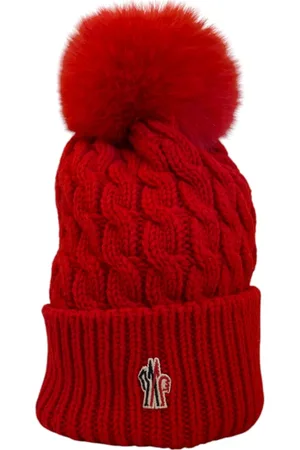 Moncler Accessoires, unisex, Rood, ONE Size, Wol, Rode Kabelgebreide Wol Pom Pom Hoed