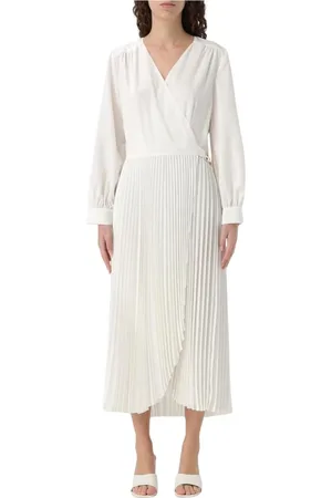 Twin-Set Kleedjes, Dames, Wit, XS, Polyester, Zwarte Geplooide Wrap Midi Jurk