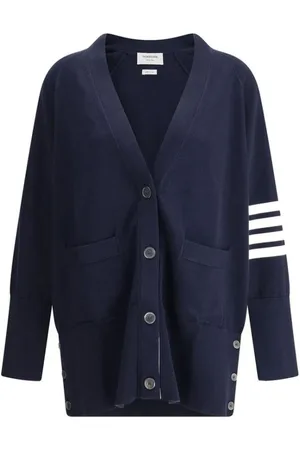 Thom Browne Truien, Dames, Blauw, S, Katoen, Gestreepte Oversized V-Hals Cardigan
