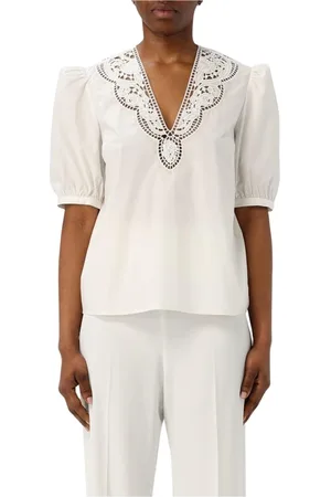 Twin-Set Blouses & Shirts, Dames, Wit, S, Katoen, Witte Kant Geborduurde Poplin Blouse