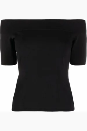 Alexander McQueen Tops, Dames, Zwart, S, Polyester, Zwarte Off-Shoulder Geribbelde Korte Mouw Top