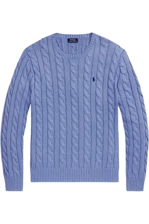 Ralph Lauren Truien, Heren, Blauw, L, Katoen, Kabelgebreide Katoenen Trui MET Ronde Hals - Middelblauw