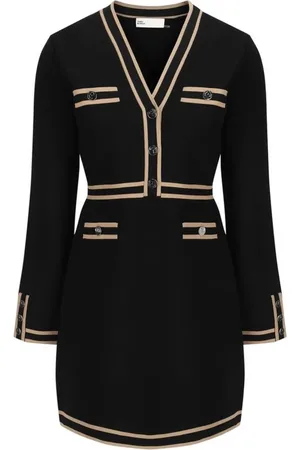 Tory Burch Kleedjes, Dames, Zwart, M, Jurk met Contrasterende Welt Zakken en V-hals
