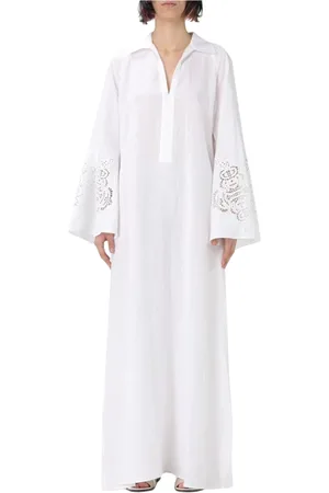 Max Mara Kleedjes, Dames, Wit, M, Linnen, Witte Linnen Maxi Jurk Laser Cut