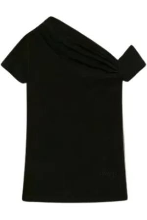 Twin-Set Tops, Dames, Zwart, S, Katoen, Asymmetrische gedrapeerde katoenen T-shirt