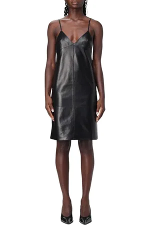Saint Laurent Kleedjes, Dames, Zwart, M, Leer, Zwarte Leren Slip Jurk V-hals