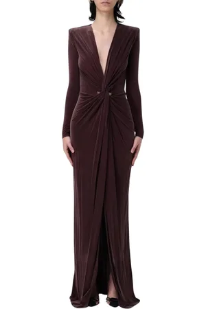 Elisabetta Franchi Kleedjes, Dames, Bruin, XL, Elegante Maxi Jurk met Knoopdetail