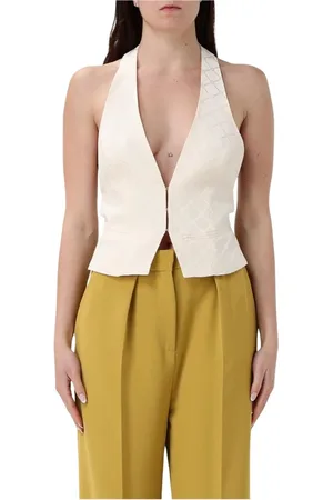 Elisabetta Franchi Jassen, Dames, Geel, L, Leer, Getailleerd vest met premium details