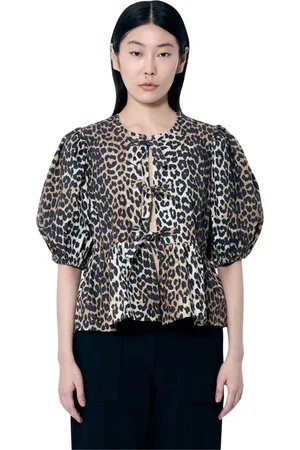 Ganni Blouses & Shirts, Dames, Bruin, M, Katoen, Luipaardprint Peplum Blouse