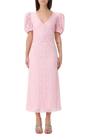 ROTATE Kleedjes, Dames, Roze, S, Roze Kant Midi Jurk Pofmouwen