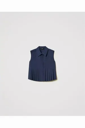 Twin-Set Tops, Dames, Blauw, XS, Katoen, Geknipte Mouwloze Katoenen Blouse Geplooid