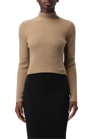 Michael Kors Truien, Dames, Bruin, M, Wol, Geribbelde Mock Neck Gebreide Trui