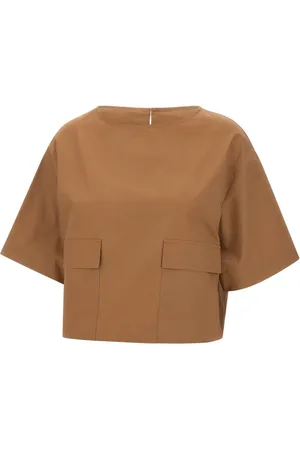 Kaos Tops, Dames, Bruin, L, Katoen, Bruine Poplin Blouse met Raglan Schouders