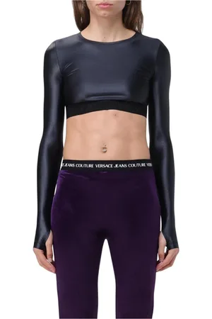 VERSACE Tops, Dames, Zwart, M, Elegante Zwarte Crop Top Damesmode