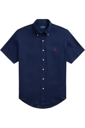 Ralph Lauren Overhemden, Heren, Blauw, 2Xl, Linnen, Custom FIT Korte mouw Linnen Blouse Navy