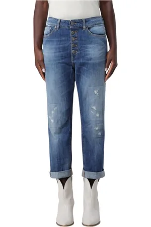 Dondup Jeans, Dames, Blauw, W25, Katoen, Versleten Boyfriend Jeans Stijlvol Comfort
